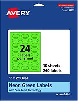 Avery Printable Oval Labels, Sure Feed Technology, 1" x 2", Neon Green Labels, Print-to-The-Edge, Laser/Inkjet Printable
