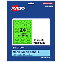 Avery Printable Oval Labels, Sure Feed Technology, 1" x 2", Neon Green Labels, Print-to-The-Edge, Laser/Inkjet Printable