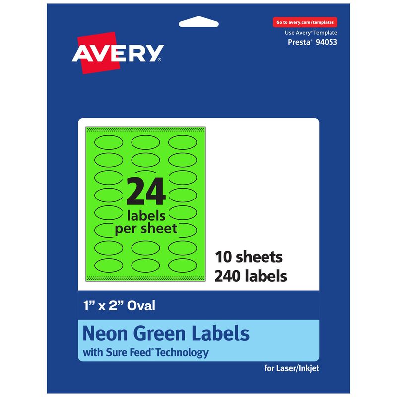 Avery Printable Oval Labels, Sure Feed Technology, 1" x 2", Neon Green Labels, Print-to-The-Edge, Laser/Inkjet Printable