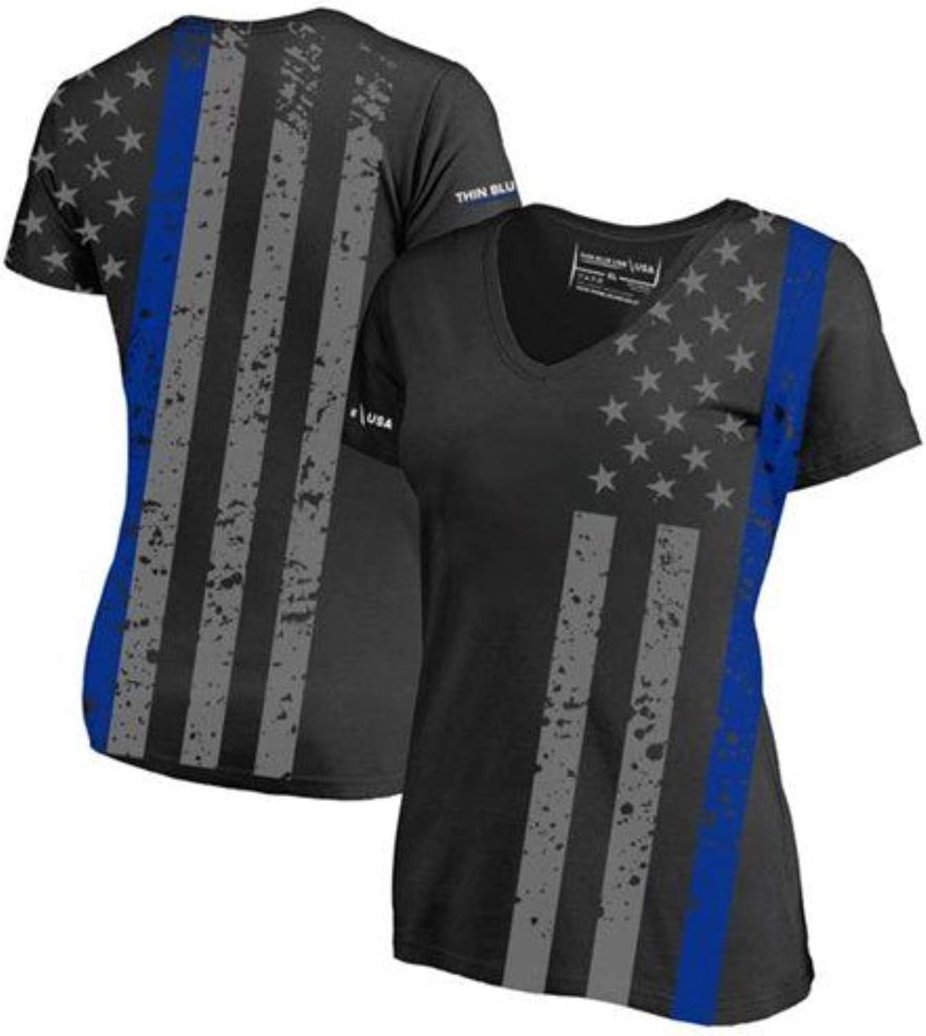 THIN BLUE LINE USA Women's Slim Athletic V-Neck T-Shirt with Distressed Thin Blue Line Flag