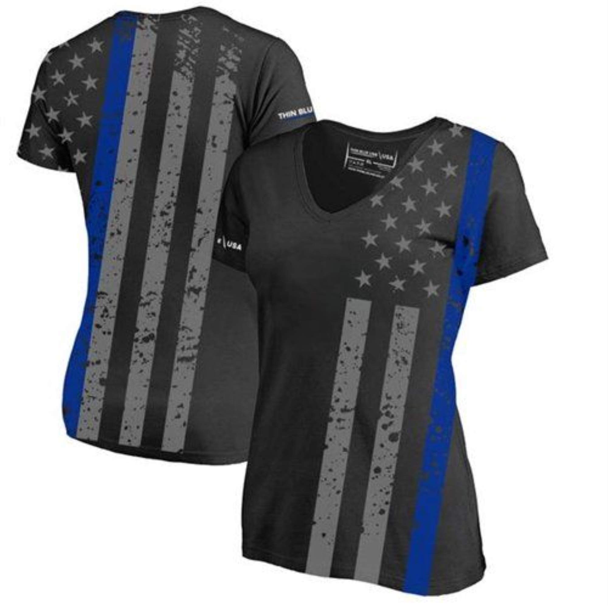 THIN BLUE LINE USA Women's Slim Athletic V-Neck T-Shirt with Distressed Thin Blue Line Flag
