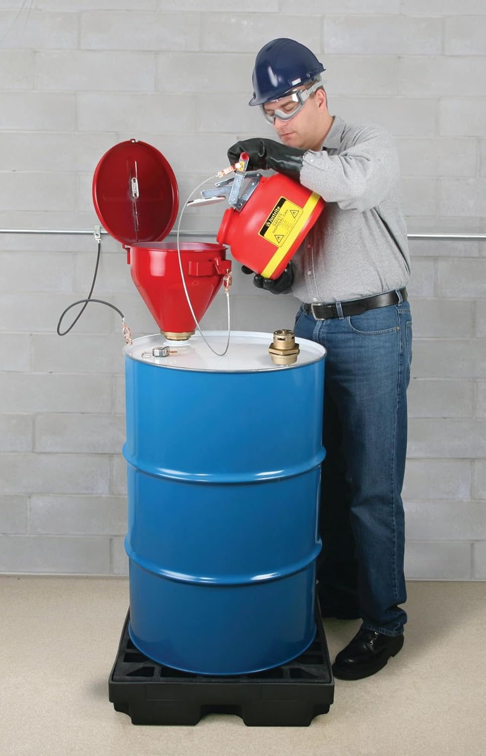 Justrite 2.6 Gallon Drum Funnel for Flammables with Emergency-Fusing Self-Closing Cover, Flame Arrester