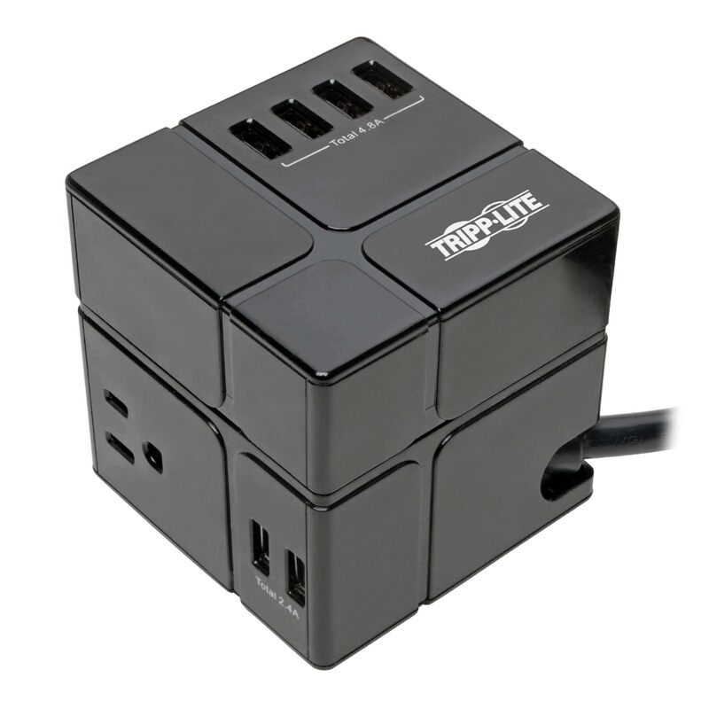 Tripp Lite 3 Outlet Surge Protector with USB, Detachable Wall Outlet Surge Protector, 6 USB Ports, 6 ft. Cord, 540 Joules, Black, TLP366CUBEUSBB