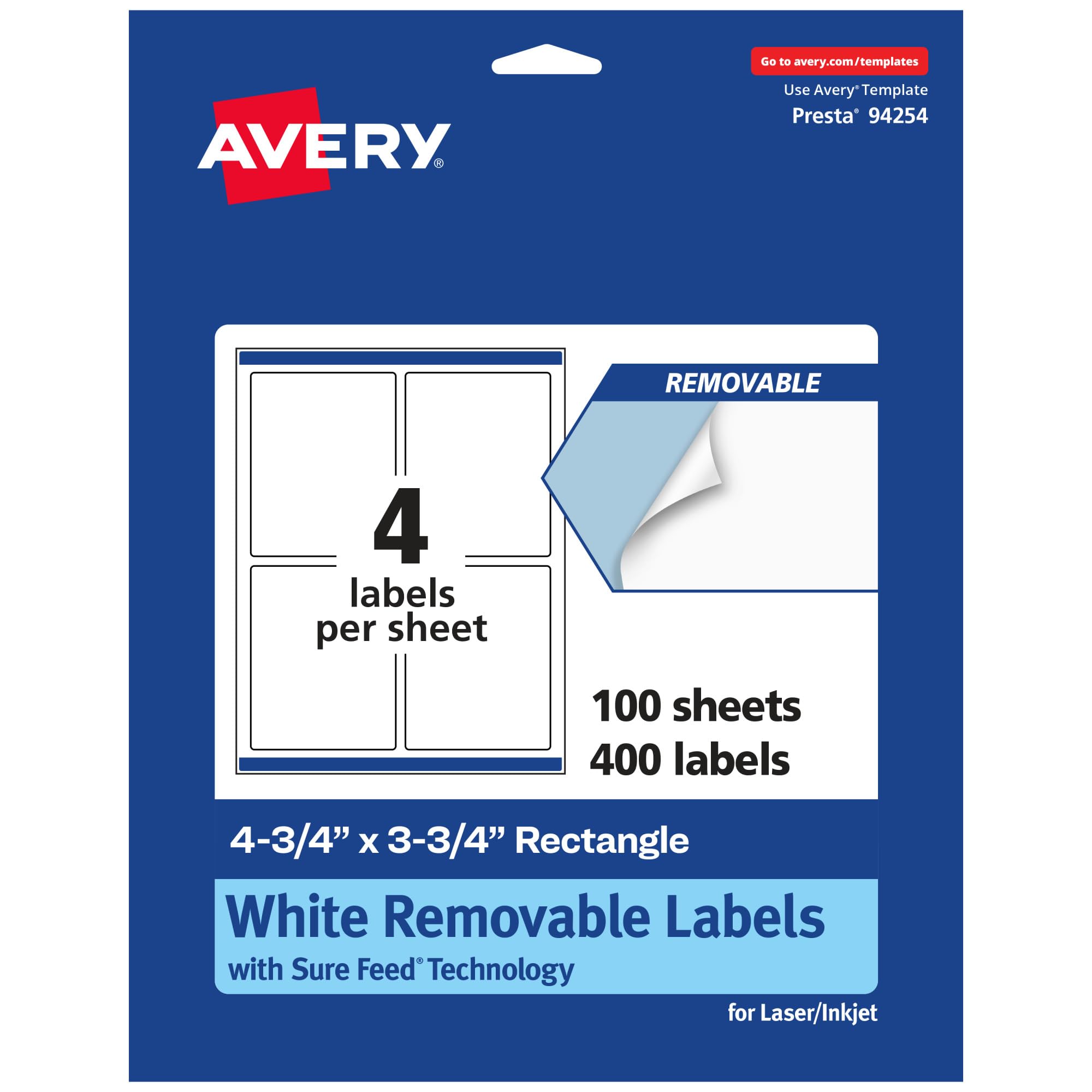 Avery Matte White Removable Rectangle Labels, Sure Feed Technology, Print-to-The-Edge, 4.75" x 3.75"