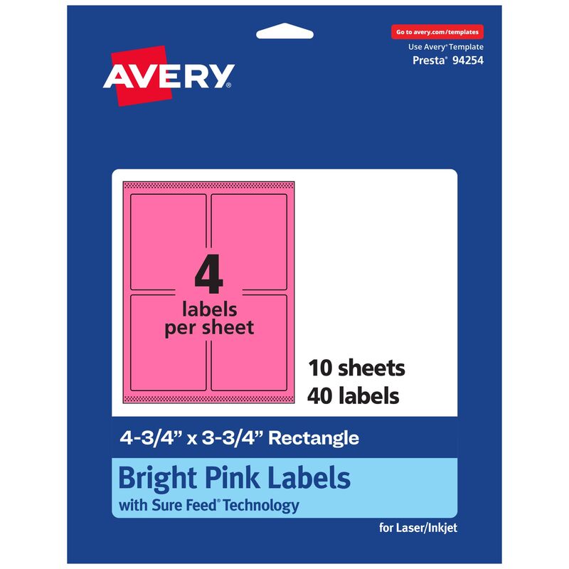 Avery Printable Rectangle Labels, Sure Feed, 4.75 x 3.75, Bright Pink, Print-to-the-Edge, Laser/Inkjet Printable