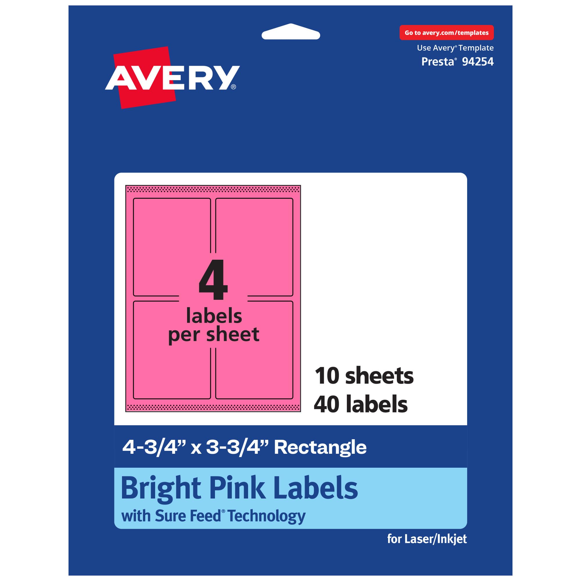Avery Printable Rectangle Labels, Sure Feed, 4.75 x 3.75, Bright Pink, Print-to-the-Edge, Laser/Inkjet Printable