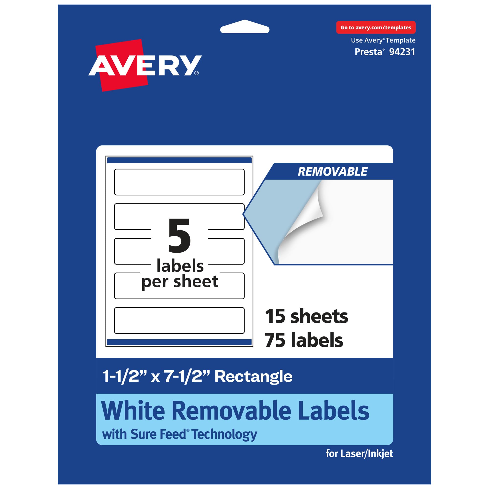 Avery Matte White Removable Rectangle Labels, Sure Feed Technology, Print-to-The-Edge, 1.5 x 7.5