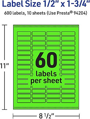 Avery Printable Rectangle Labels, Sure Feed Technology, 1/2" x 1-3/4", Neon Green, 600 labels