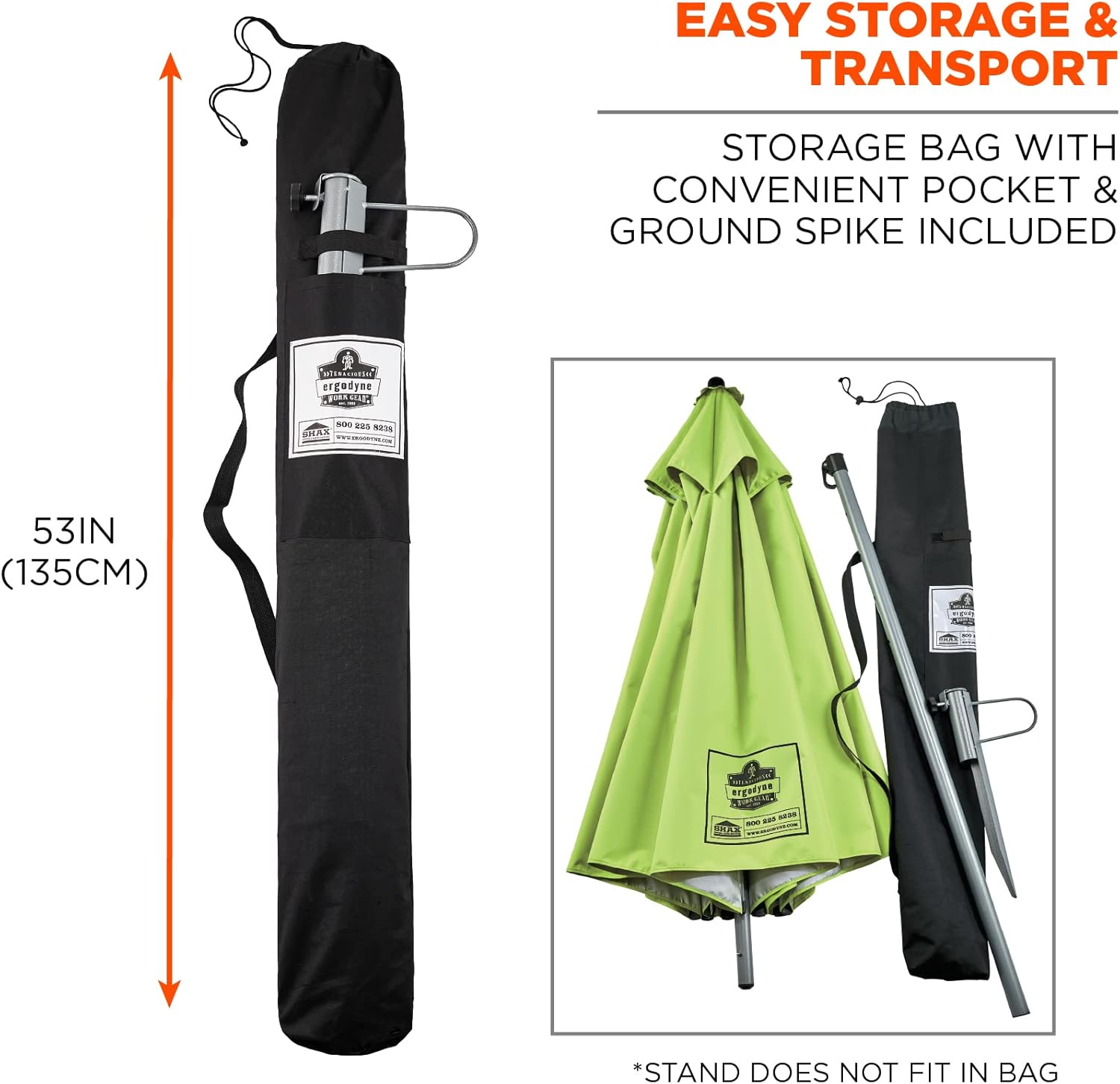 Ergodyne SHAX 6199 Lightweight Work Umbrella with Stand, Portable Sun Shade, Lime 7.5ft