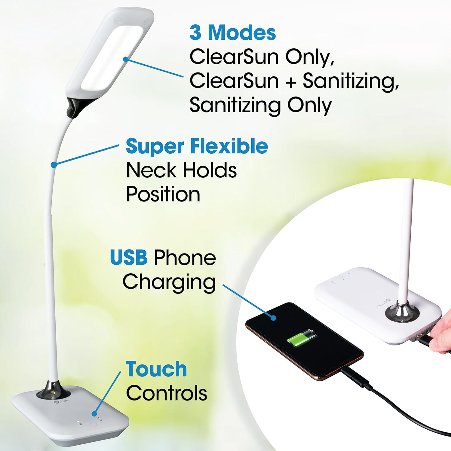 OttLite Enhance LED Sanitizing Desk Lamp with USB Charging – Eliminates up to 99.9% of Bacteria, Touch Activated