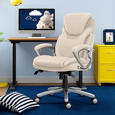 Serta Bryce Executive Office Chair, Ergonomic Computer DeskChairs with Patented AIR Lumbar Support, Bonded Leather, Cream White