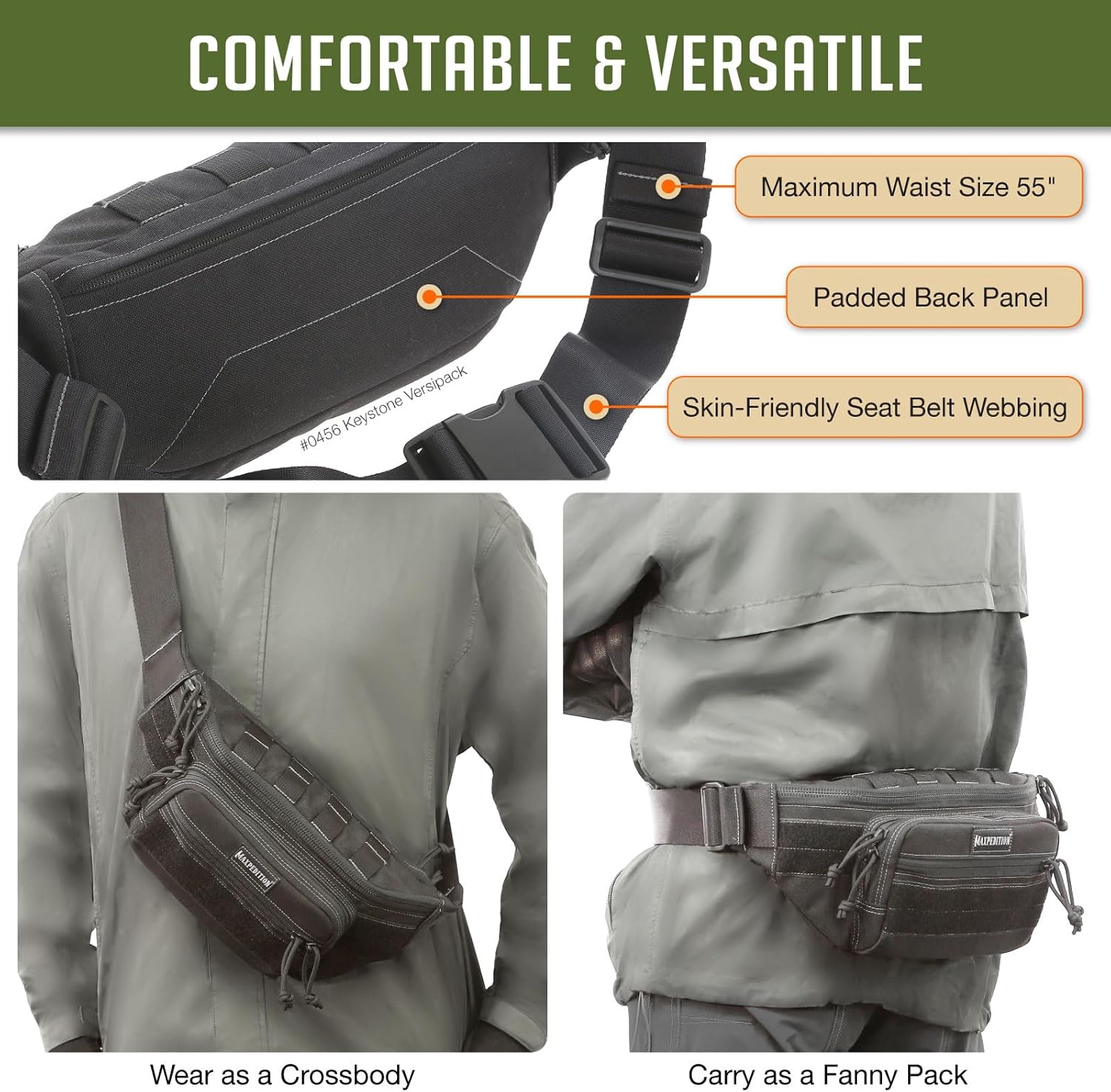 Maxpedition Keystone Versipack (14” x 6” x 6”) Tactical Crossbody Fanny Pack for Everyday Carry (Black) 0456B