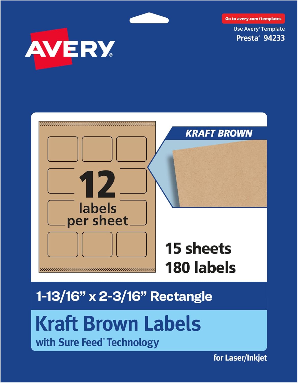 AVERY Kraft Brown Rectangle Labels, Sure Feed Technology, 1-13/16" x 2-3/16", Print-to-The-Edge, Laser/Inkjet Printable