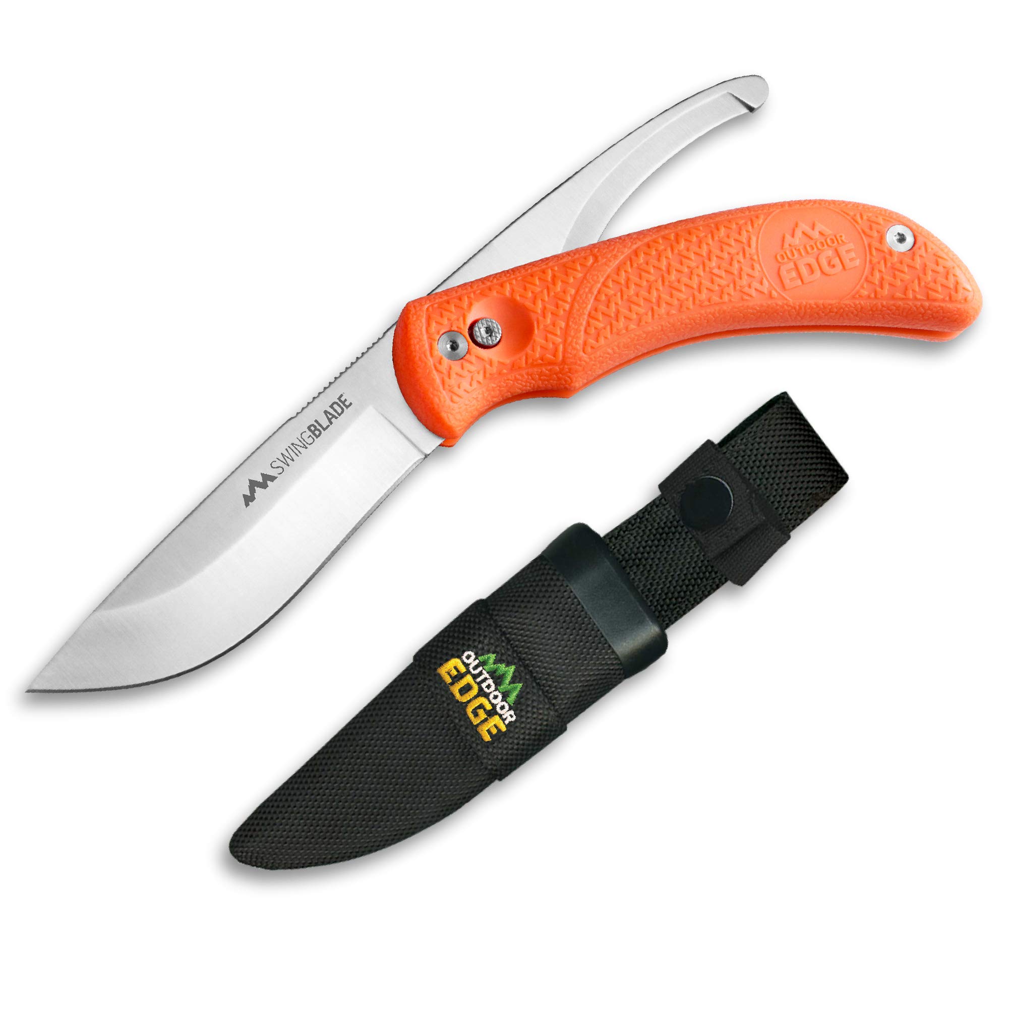 Outdoor Edge Swingblaze Double Blade Hunting Knife with Rotating Skinning & Gutting Blades, Nylon Sheath, (Blaze Orange