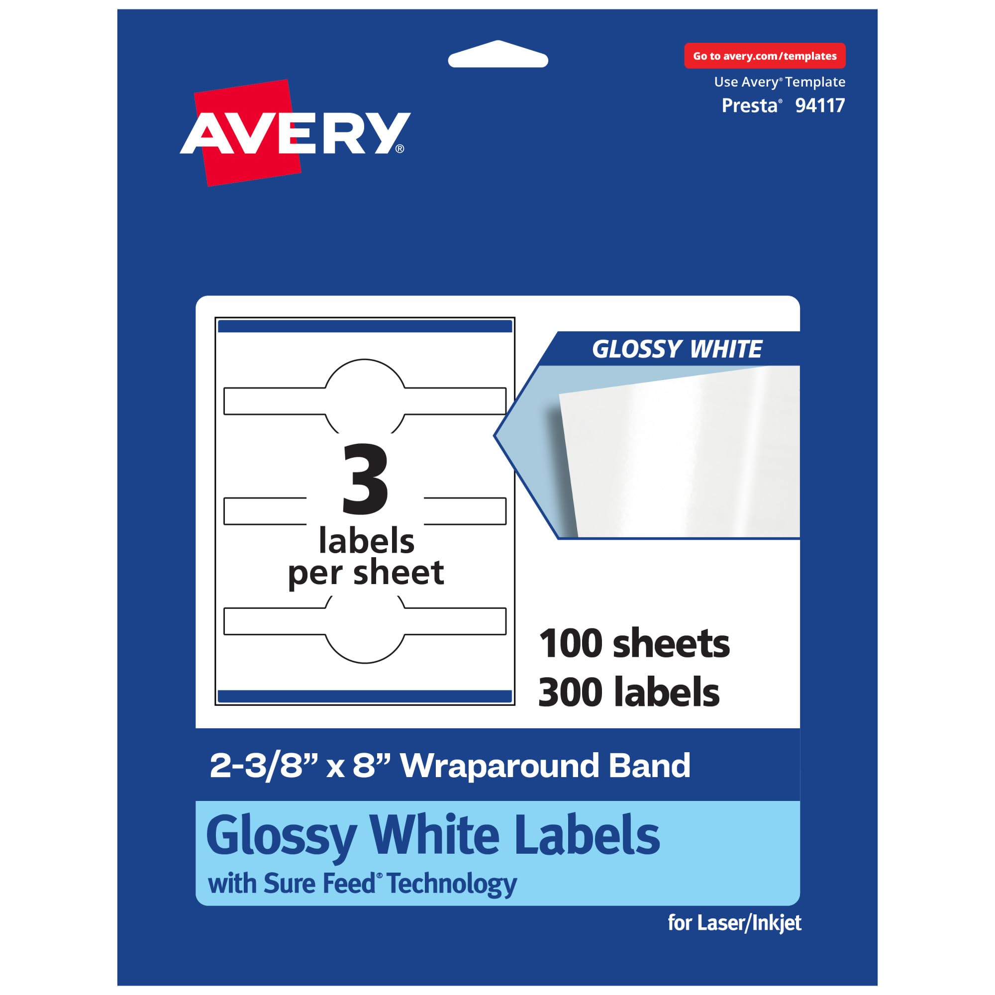 Avery Glossy White Wraparound Band Labels, Sure Feed Technology, 2-3/8" x 8"