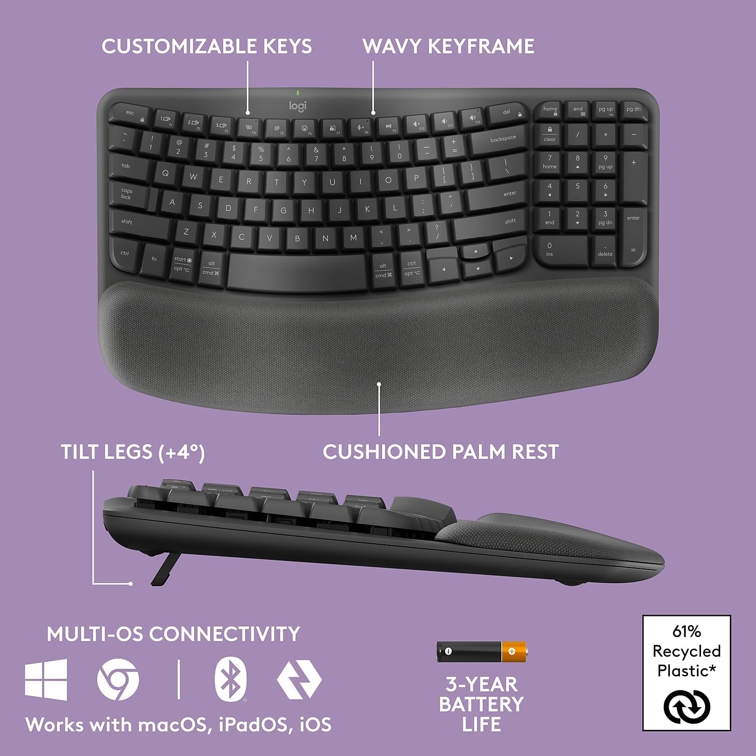 Logitech Wave Keys MK670 Wireless Ergonomic Keyboard And Signature M550 L Wireless Mouse Combo, Graphite, 920-012059