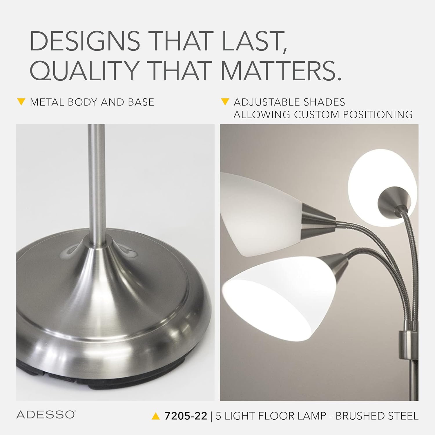 Adesso 7205-22 Multi-White Shade Floor Lamp, Adjustable Gooseneck Arms, Silver