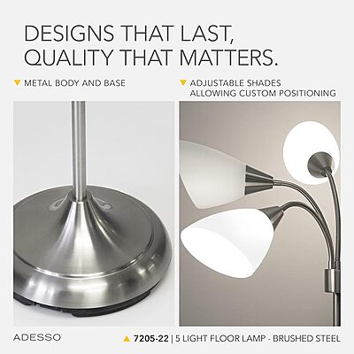 Adesso 7205-22 Multi-White Shade Floor Lamp, Adjustable Gooseneck Arms, Silver