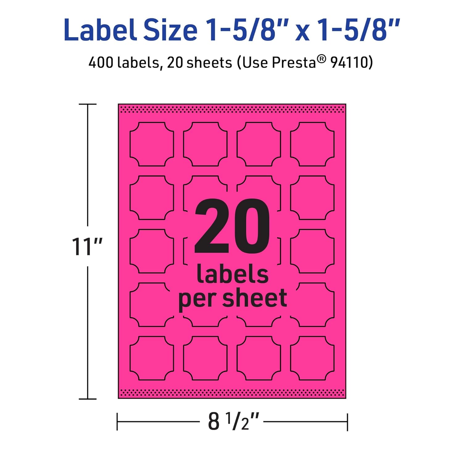 AVERY Printable Square Scalloped Labels, Sure Feed Technology, 1-5/8" x 1-5/8", Neon Magenta, Print-to-The-Edge