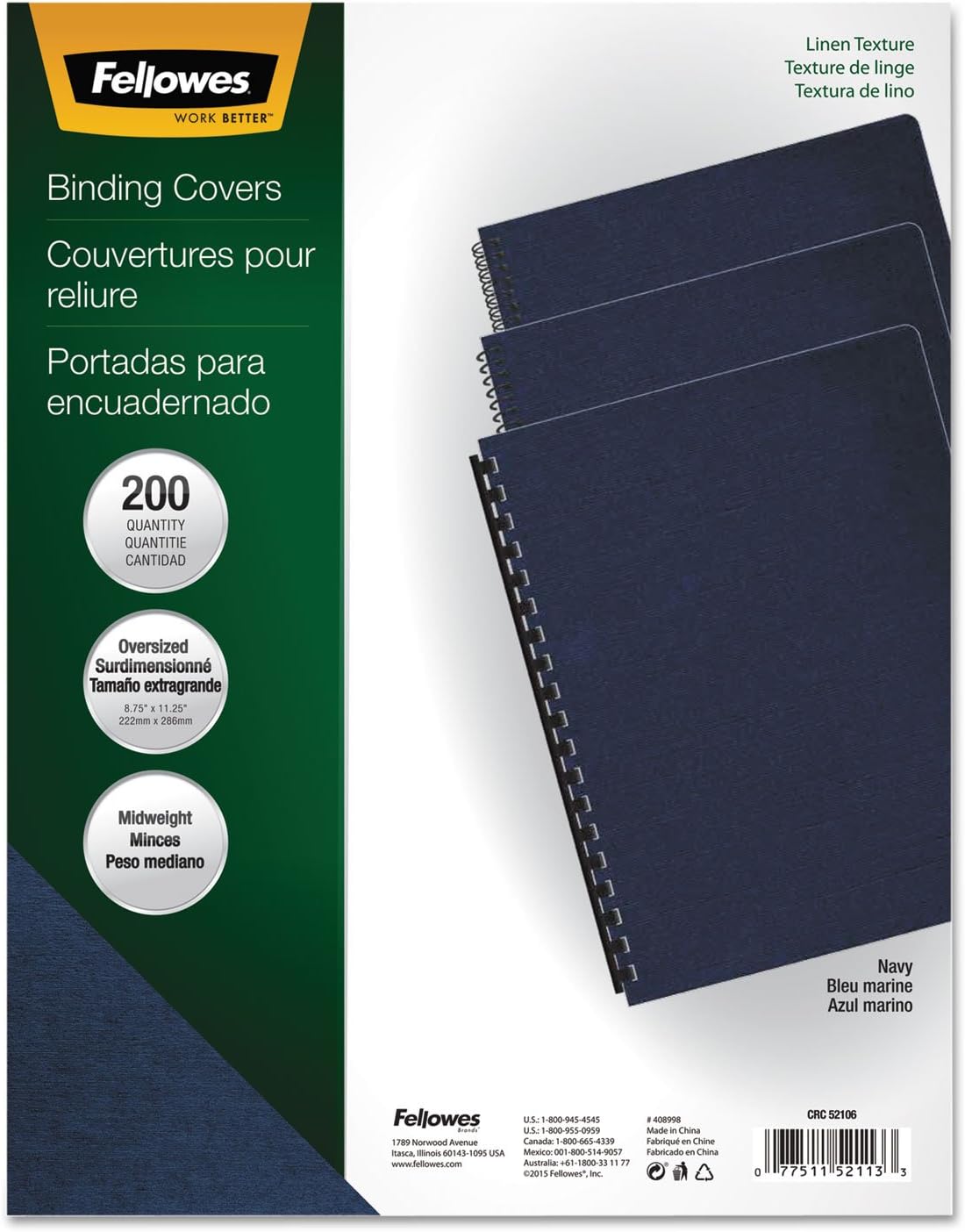 Fellowes Linen Presentation Covers, 11-1/4 Inch x 8-3/4 Inch, Navy, 200 per Pack (52113)