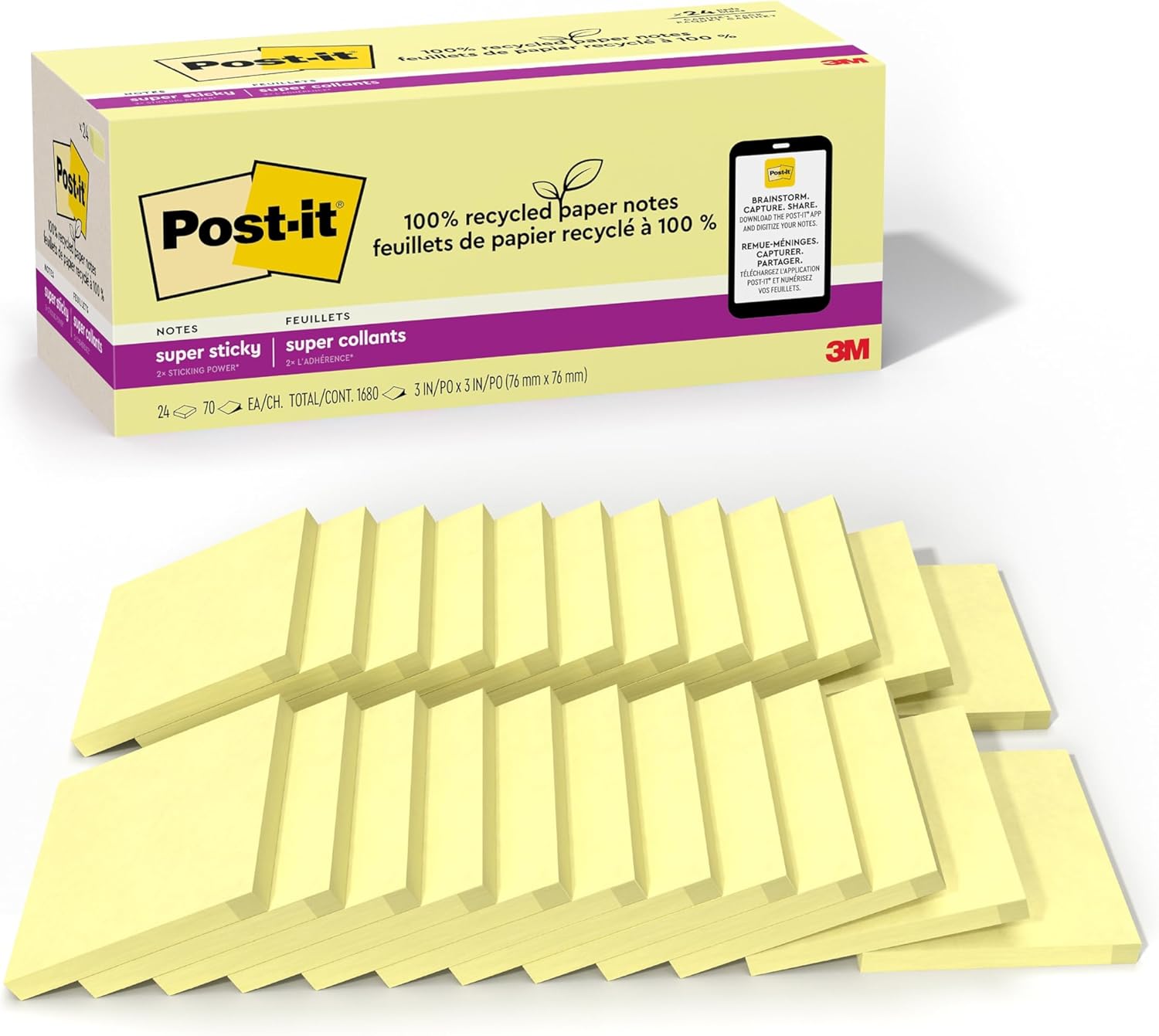 Post-it 100% Recycled Paper Super Sticky Notes, 3 in. x 3 in., 24 Pads/Pack, 70 Sheets/Pad