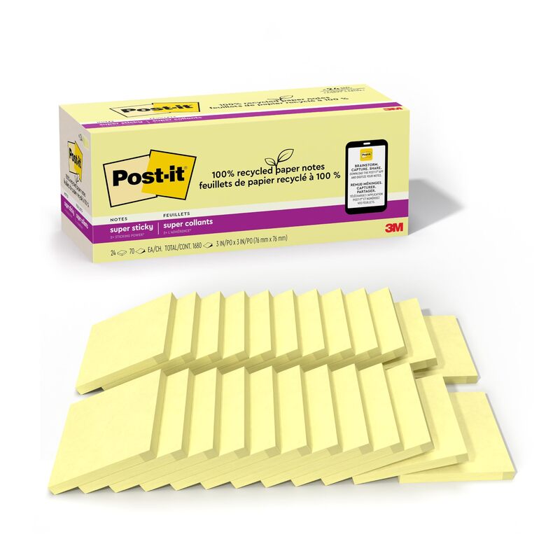 Post-it 100% Recycled Paper Super Sticky Notes, 3 in. x 3 in., 24 Pads/Pack, 70 Sheets/Pad