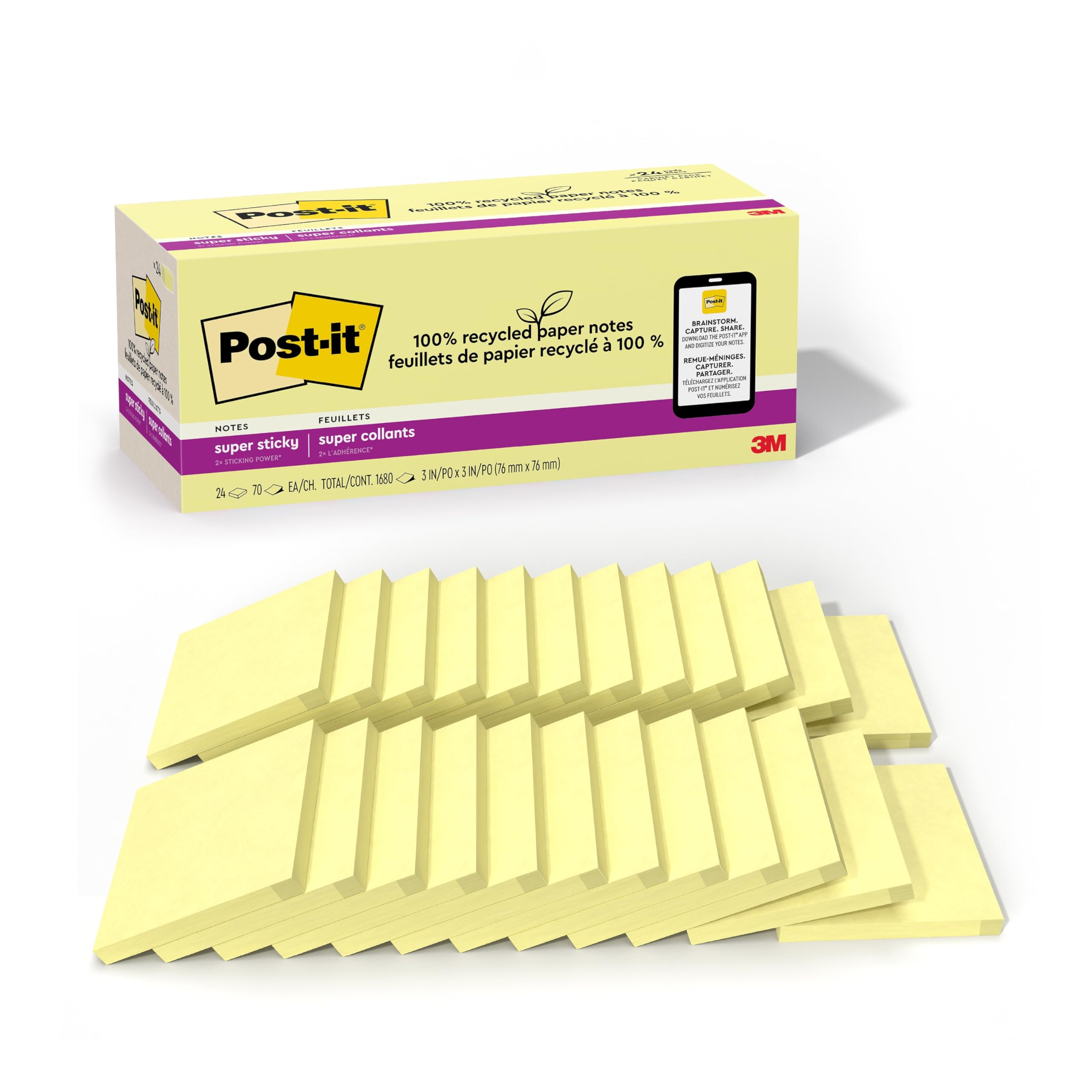 Post-it 100% Recycled Paper Super Sticky Notes, 3 in. x 3 in., 24 Pads/Pack, 70 Sheets/Pad