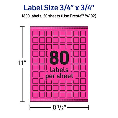 Avery Printable Square Labels, Sure Feed Technology, 3/4 x 3/4, Neon Magenta, Print-to-the-Edge, Laser/Inkjet