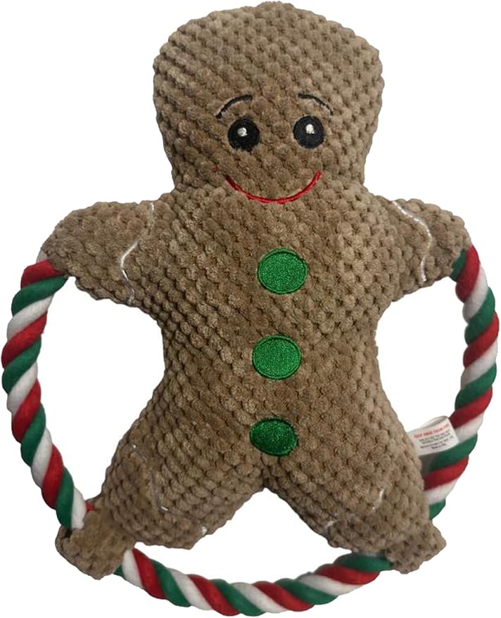 Christmas Plush Gingerbread Man Rope Ring Dog Toy – Large Squeaky Interactive Toy