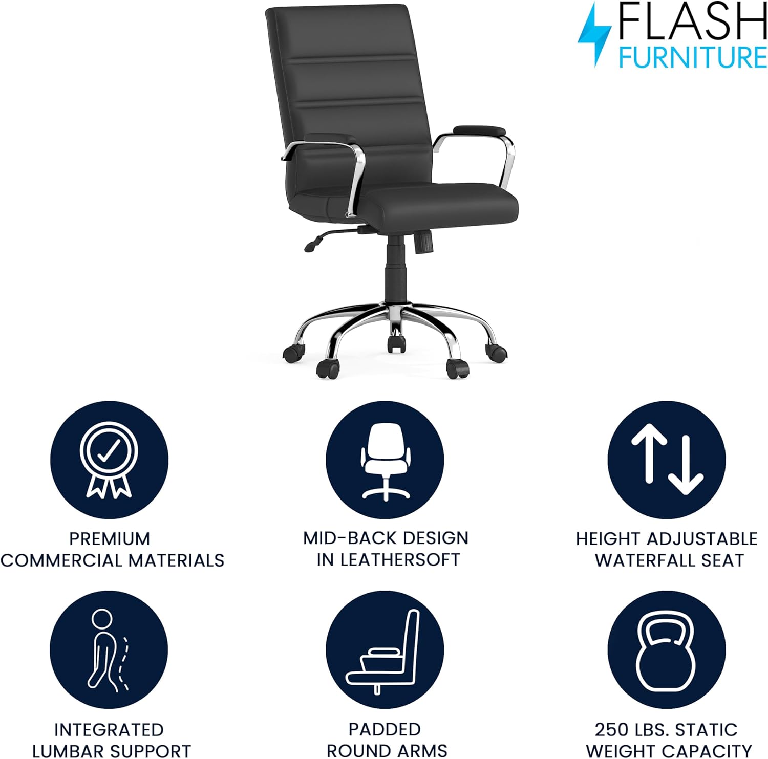 Flash Furniture Whitney Mid-Back Swivel LeatherSoft Desk Chair with Padded Seat and Armrests