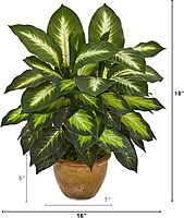 Nearly Natural 18inH Dieffenbachia Artificial Plant With Ceramic Planter, 18inH x 16inW x 16inD, Tan/Green