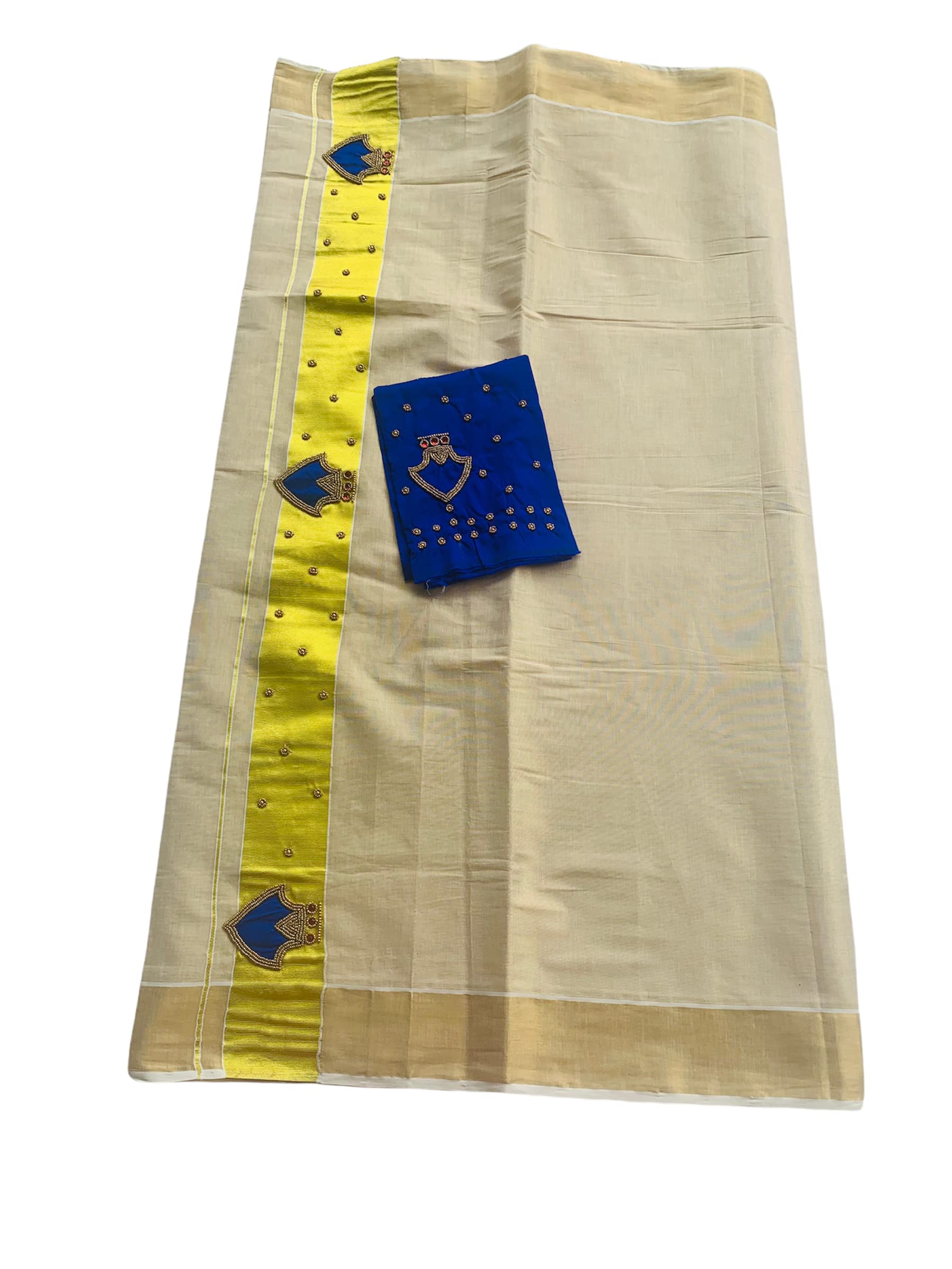 Kuthampully Kerala Kasavu Sarees For Women | Handcrafted Aari work Palakka Kerala Sarees | Tissue Onam Saree With Running Blouse | South Indian Sarees | Women's Zari Kasavu | EKM-595 (Blue)