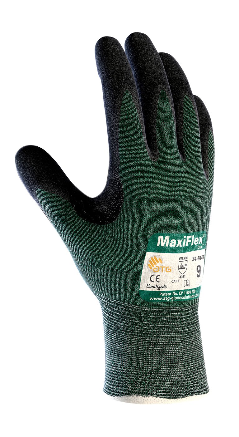 ATG 34-8443/XL Maxiflex Cut, Green Eng Yarn, Black Nitrile Dotted Microfoam Grip, A2 Green XL