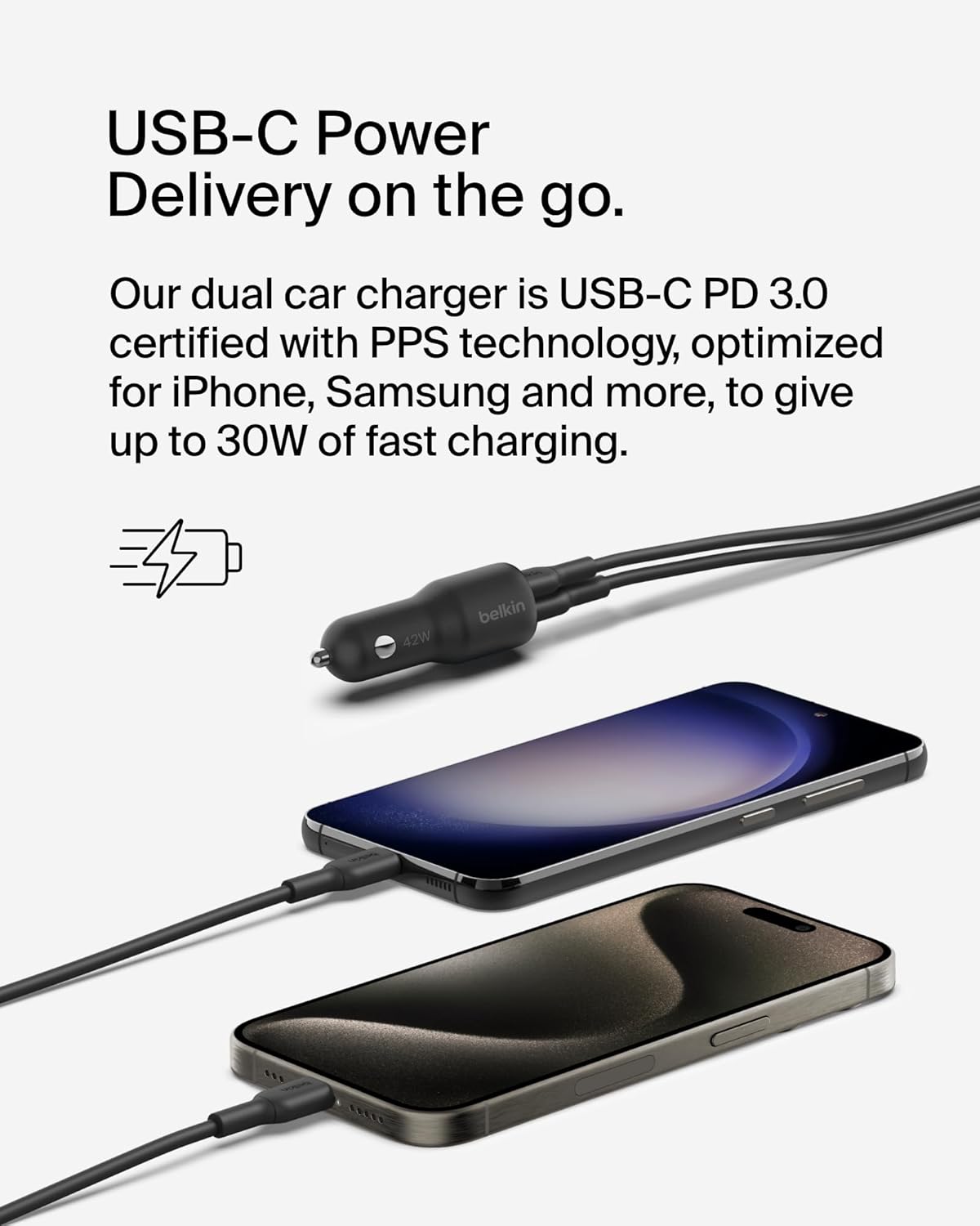 Belkin BoostCharge 42-Watt Dual Port Fast Car Charger with30W USB-C & 12W USB-A Ports