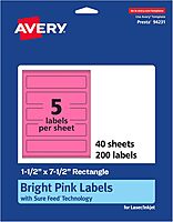 AVERY Printable Bright Pink Rectangle Labels, Sure Feed Technology, 1-1/2" x 7-1/2", Print-to-The-Edge, Laser/Inkjet Printable