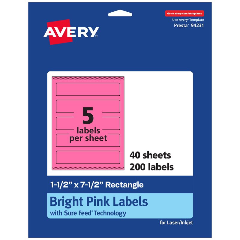 AVERY Printable Bright Pink Rectangle Labels, Sure Feed Technology, 1-1/2" x 7-1/2", Print-to-The-Edge, Laser/Inkjet Printable