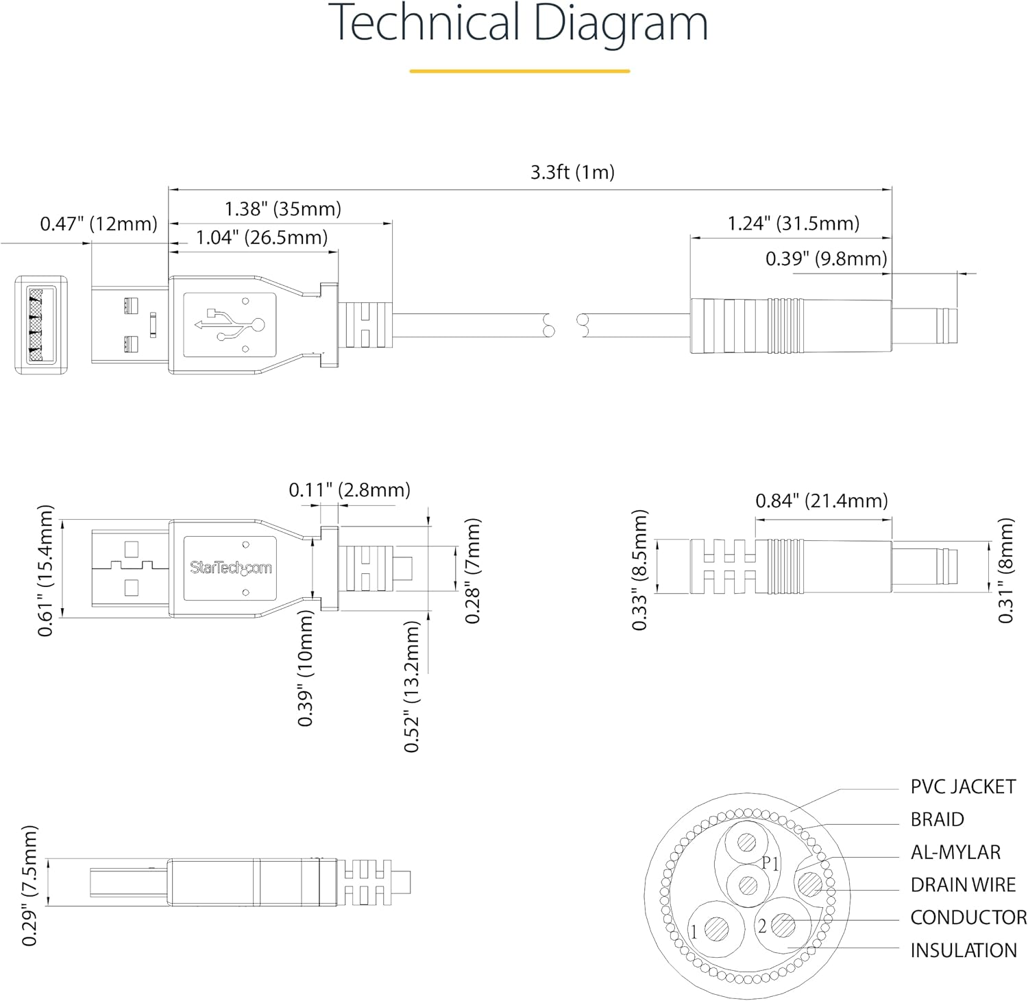 StarTech.com USB-A to Coaxial Barrel 5V Power Cable