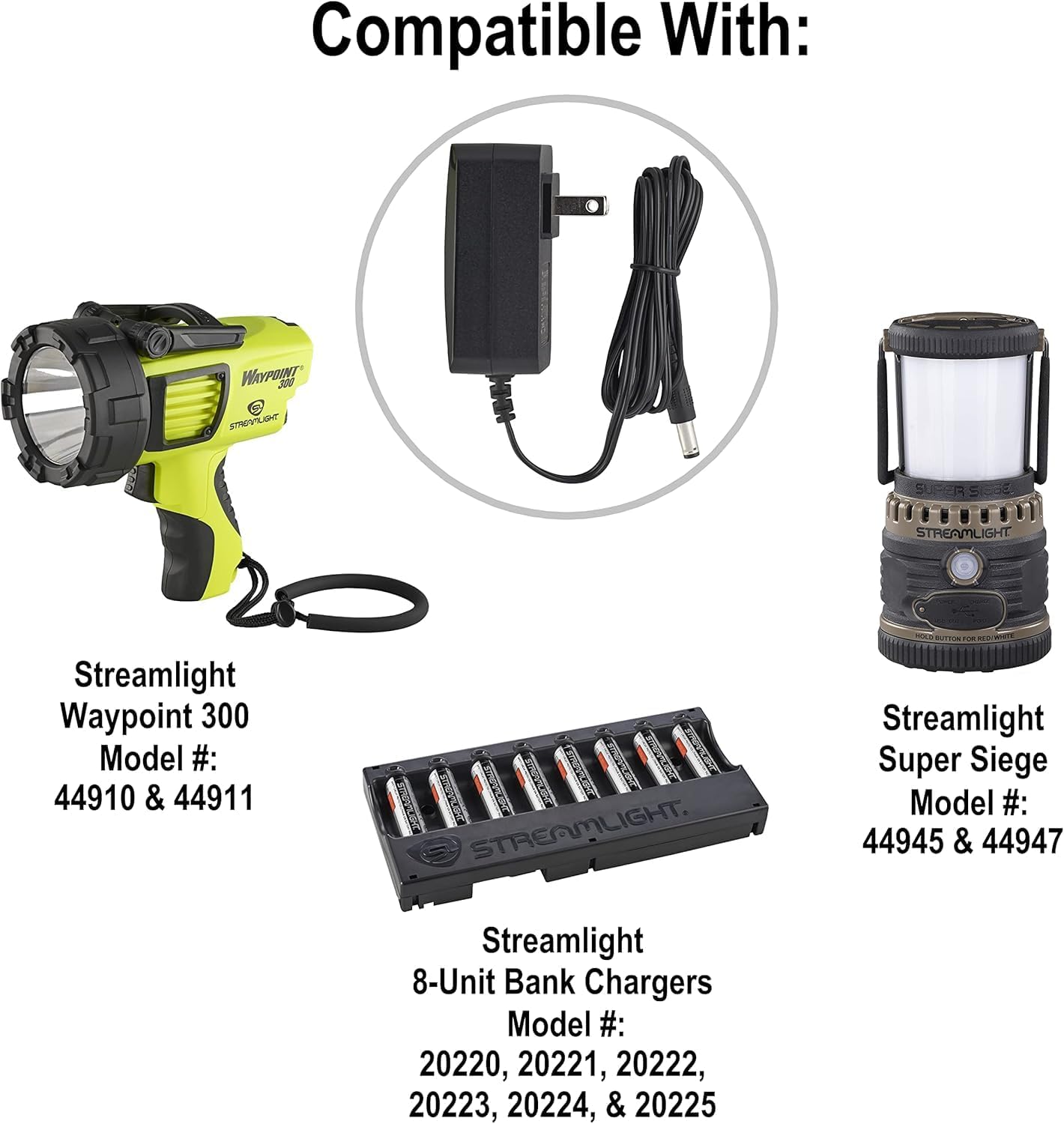 Streamlight 44909 120V AC Charger and Cord for use with Streamlight WayPoint 300 Spotlight Flashlights, Super Siege Lanterns