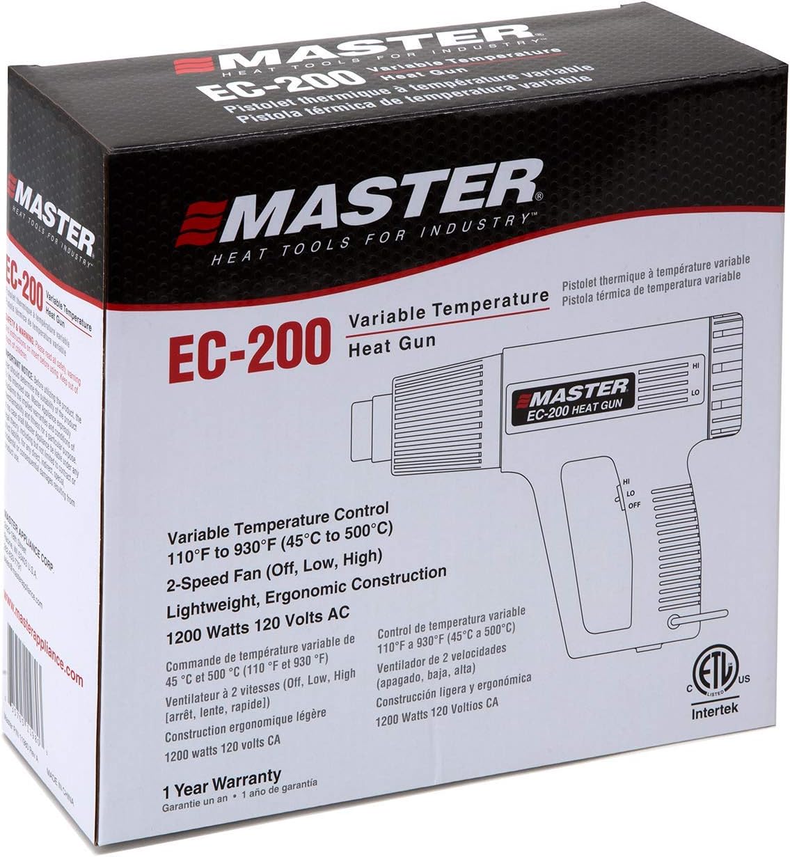 Master Appliance EC-200 Variable Temperature Heat Gun, Hot Air Gun, 120V, 10 Amps, 1200W, for shrink wrap, wire connectors