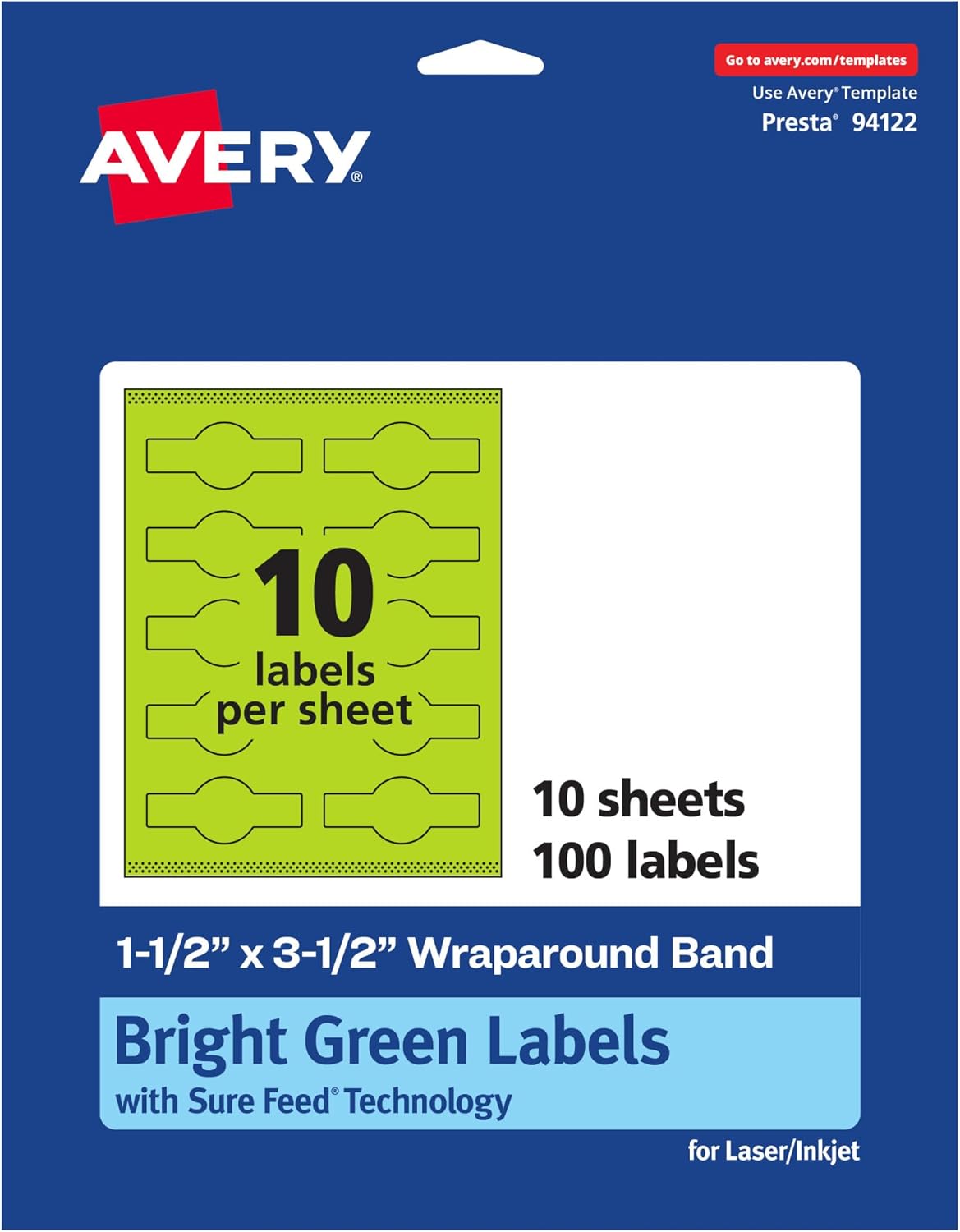 Avery Printable Wraparound Band Labels, Sure Feed Technology, 1.5" x 3.5", Bright Green, Cigar Band Labels
