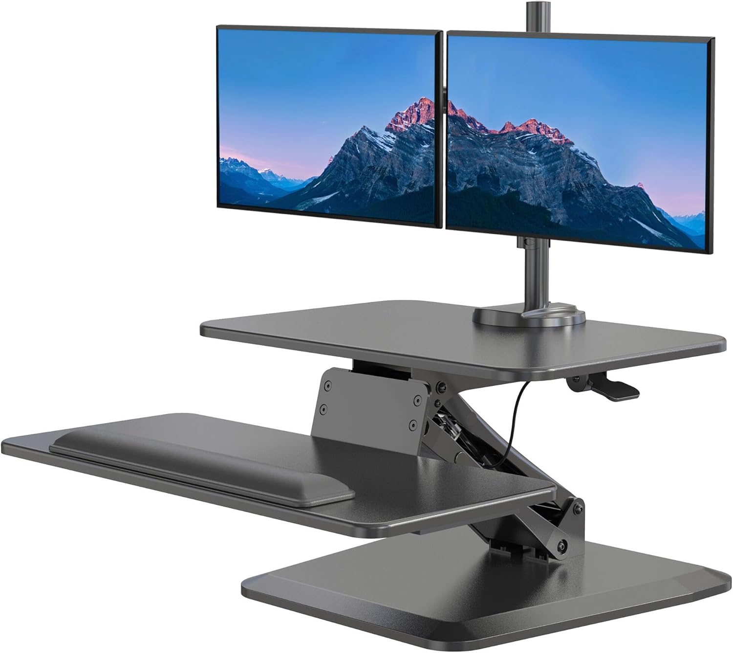 Mount-It! Standing Desk Converter, Stand Up Desk Riser with Dual Monitor Mount, Adjustable Workstation in Black, Top Platform 23" Wide, Keyboard Mouse Tray 27" Wide, Raises 5" to 17" Tall