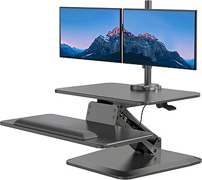 Mount-It! Standing Desk Converter, Stand Up Desk Riser with Dual Monitor Mount, Adjustable Workstation in Black, Top Platform 23" Wide, Keyboard Mouse Tray 27" Wide, Raises 5" to 17" Tall
