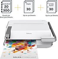 Fellowes Lyra 3-in-1 Manual Binding Center, 300-Sheet Capacity, 6.03inH x 16.63inW x 15.56inD, White/Gray, 5603001