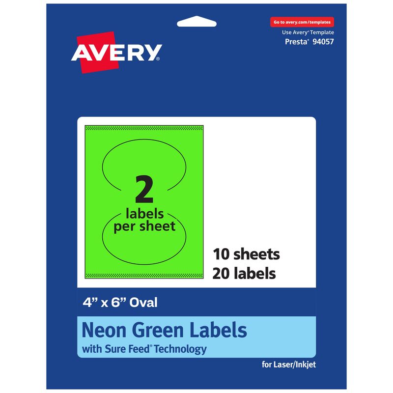 AVERY Printable Oval Labels, Sure Feed Technology, 4 x 6, Neon Green, Print-to-The-Edge, Laser/Inkjet