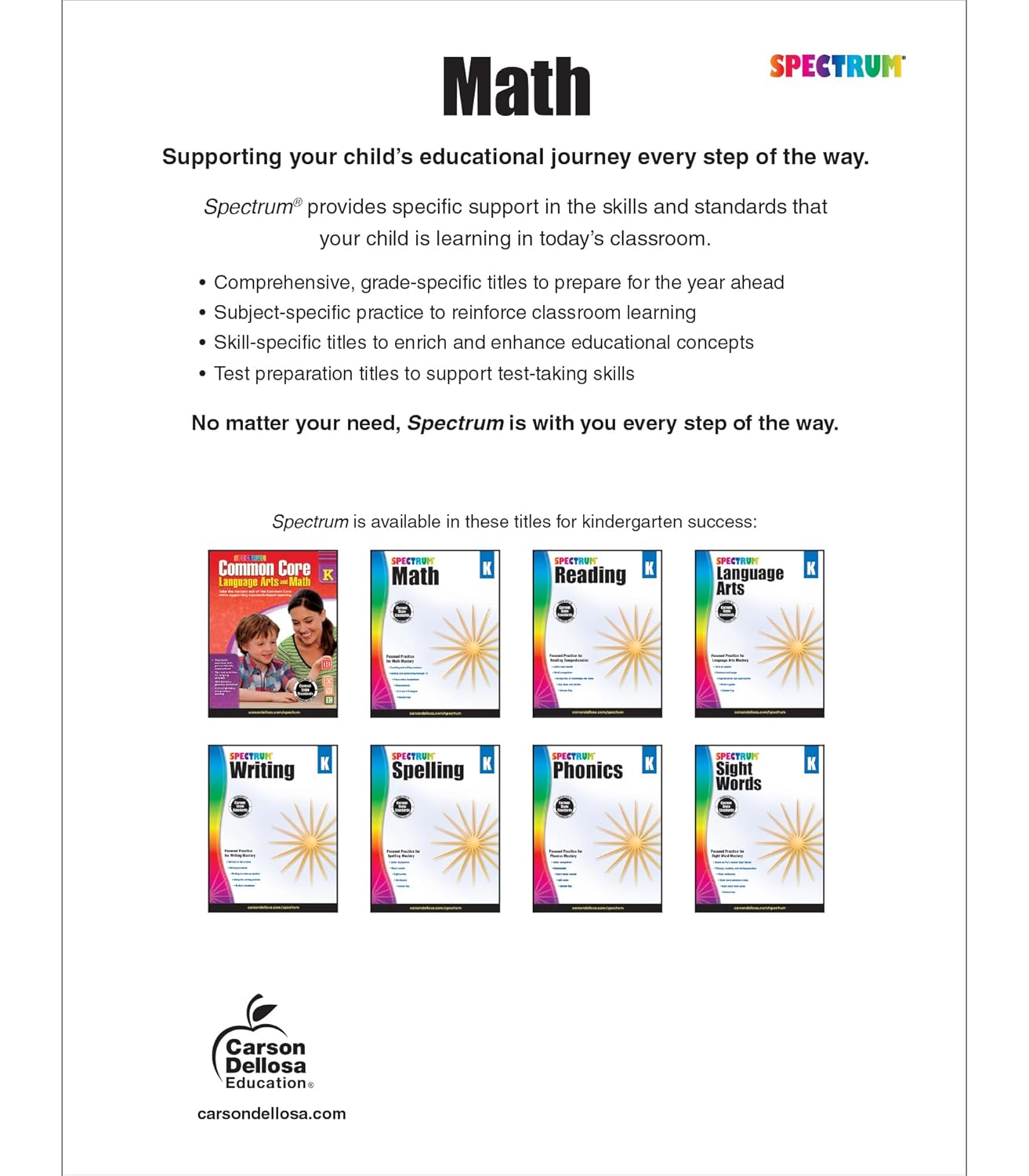 Spectrum Kindergarten Math Workbooks, Ages 5 to 6, Counting Numbers, Addition and Subtraction, Geometry and Place Value