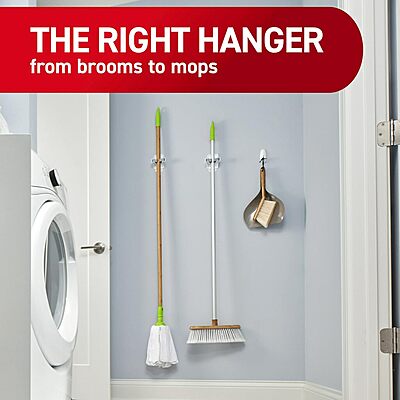 Command Broom and Mop Grippers Wall Hook, Damage Free Hanging Wall Mount Broom and Mop Holder, No Tools Household Cleaning Organizer, 6 Hangers and 16 Strips