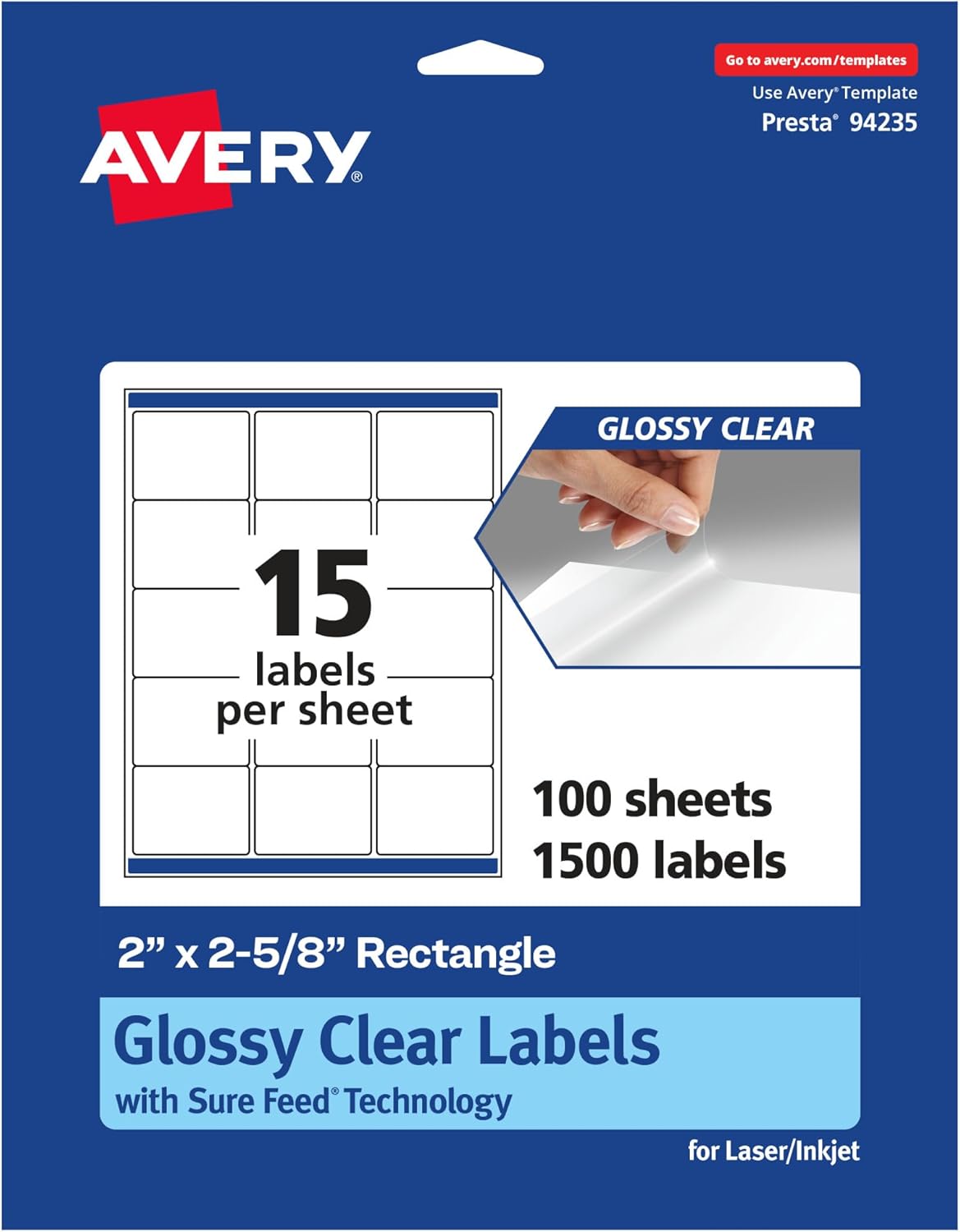 AVERY Glossy Clear Rectangle Labels, Sure Feed Technology, 2" x 2-5/8"