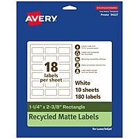 Avery EcoFriendly Matte White Recycled Rectangle Labels, 1-1/4" x 2-3/8", Print-to-The-Edge, Matte White Labels, Permanent Adhesive, Laser/Inkjet Printable, 180 Total 180 labels