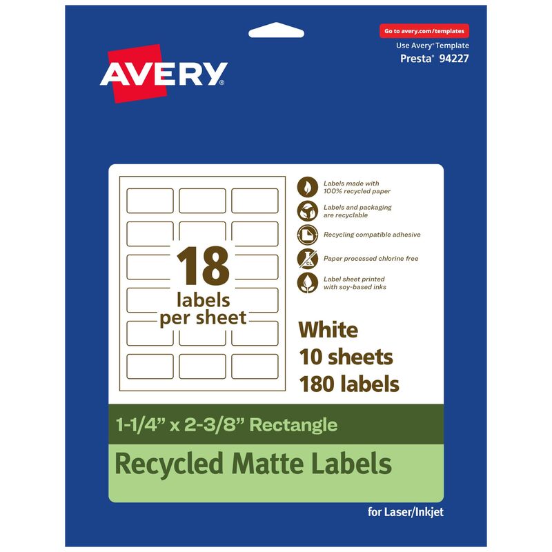 Avery EcoFriendly Matte White Recycled Rectangle Labels, 1-1/4" x 2-3/8", Print-to-The-Edge, Matte White Labels, Permanent Adhesive, Laser/Inkjet Printable, 180 Total 180 labels