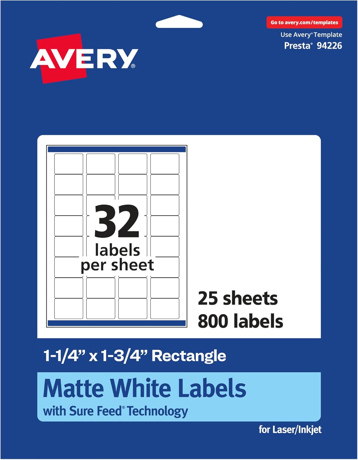 Avery Matte White Rectangle Labels, Sure Feed Technology, 1.25" x 1.75"
